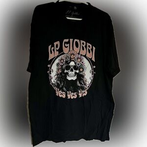 LP Giobbi Black Band Graphic Tee Mens XL Skulls & Flowers Skeleton Hippie Hippy